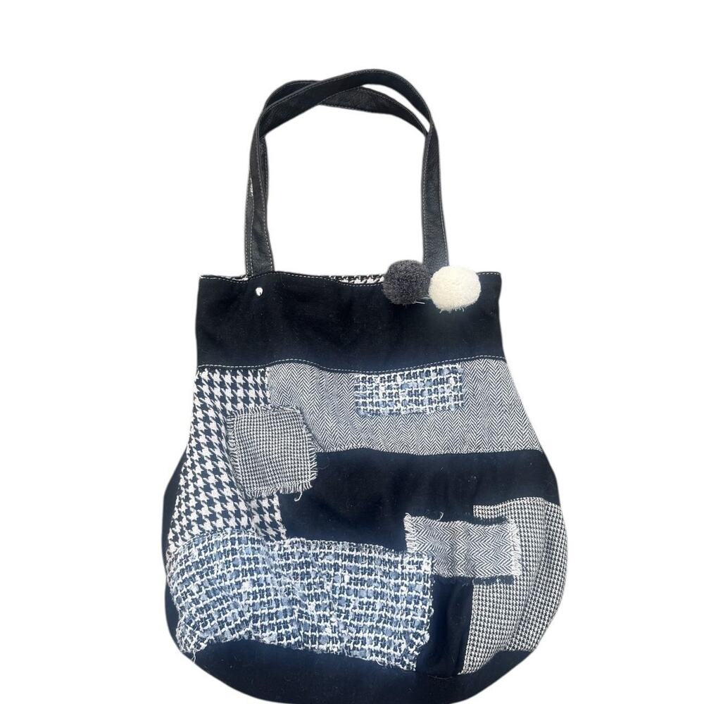 Vtg 00s Black & White Patchwork Tote Bag – Textured Fabric Shoulder Bag